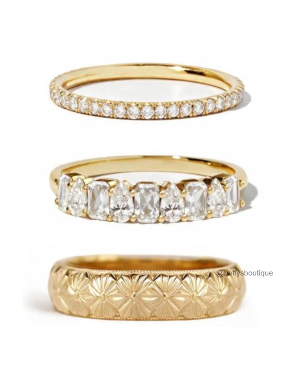 14K Gold Plated Stackable Ring Set 3pc Cubic Zirconia Band Rings